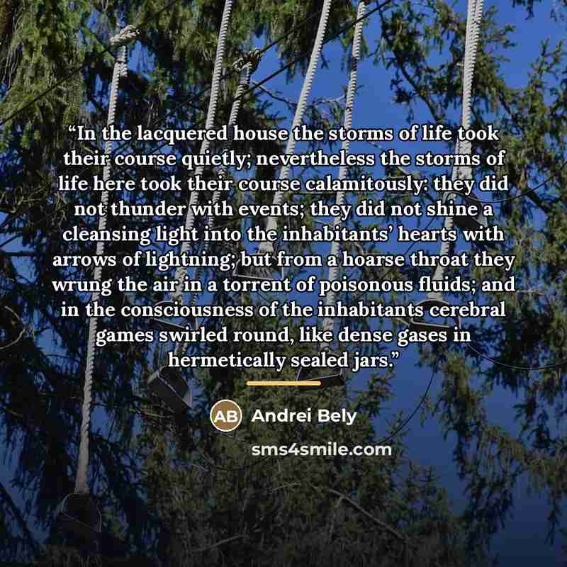 “In the lacquered house the storms of life took their course quietly; nevertheless the storms of life here took their course calamitously: they did not thunder with events; they did not shine a cleansing light into the inhabitants’ hearts with arrows of lightning; but from a hoarse throat they…” quote by Andrei Bely