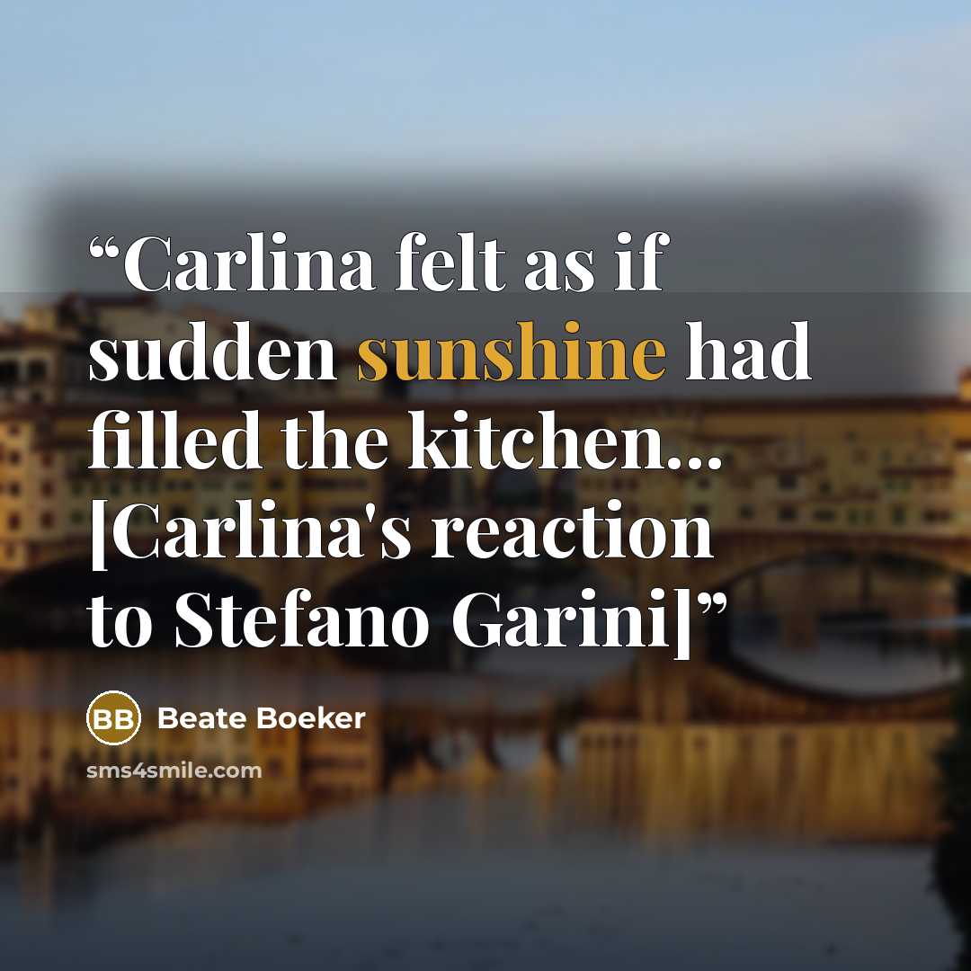 “Carlina felt as if sudden sunshine had filled the kitchen... [Carlina's reaction to Stefano Garini]” quote by Beate Boeker