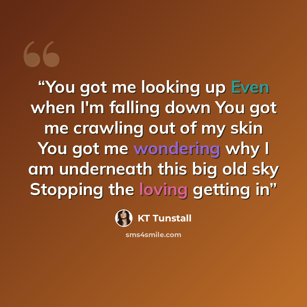 “You got me looking up Even when I'm falling down You got me crawling out of my skin You got me wondering why I am underneath this big old sky Stopping the loving getting in” quote by KT Tunstall