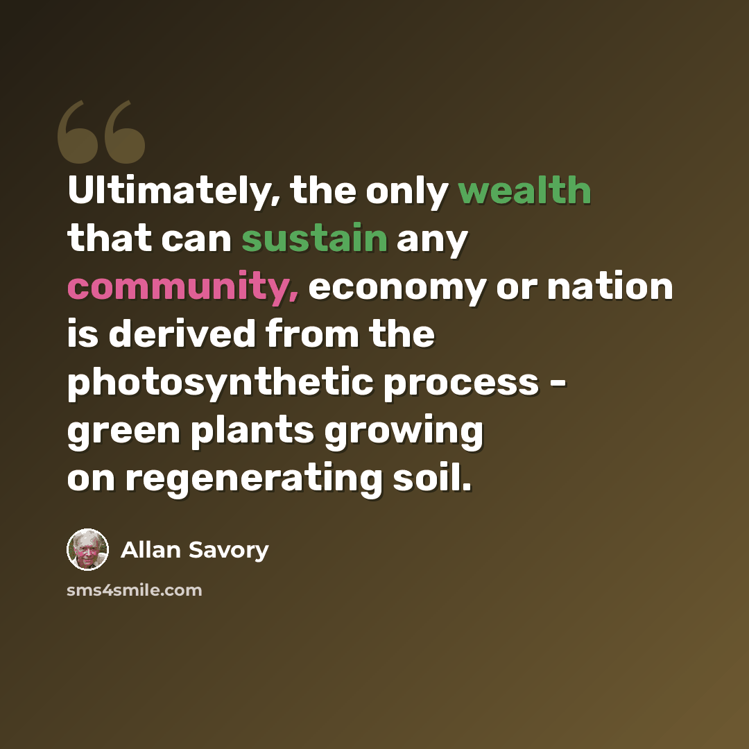 “Ultimately, the only wealth that can sustain any community, economy or nation is derived from the photosynthetic process - green plants growing on regenerating soil.” quote by Allan Savory