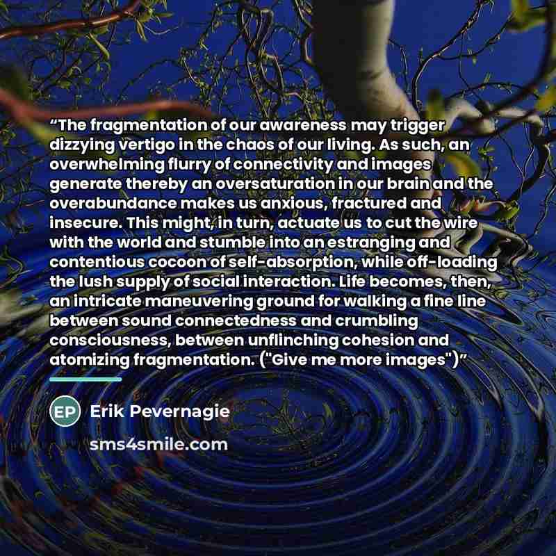 “The fragmentation of our awareness may trigger dizzying vertigo in the chaos of our living. As such, an overwhelming flurry of connectivity and images generate thereby an oversaturation in our brain and the overabundance makes us anxious, fractured and insecure. This might, in turn, actuate us to…” quote by Erik Pevernagie