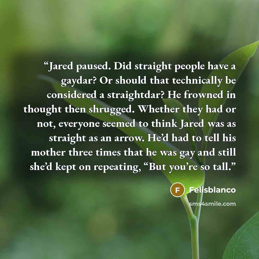 “Jared paused. Did straight people have a gaydar? Or should that technically be considered a straightdar? He frowned in thought then shrugged. Whether they had or not, everyone seemed to think Jared was as straight as an arrow. He’d had to tell his mother three times that he was gay and still she’d…” quote by Felisblanco