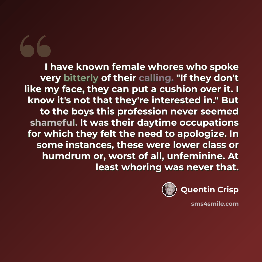 “I have known female whores who spoke very bitterly of their calling. "If they don't like my face, they can put a cushion over it. I know it's not that they're interested in." But to the boys this profession never seemed shameful. It was their daytime occupations for which they felt the need to…” quote by Quentin Crisp