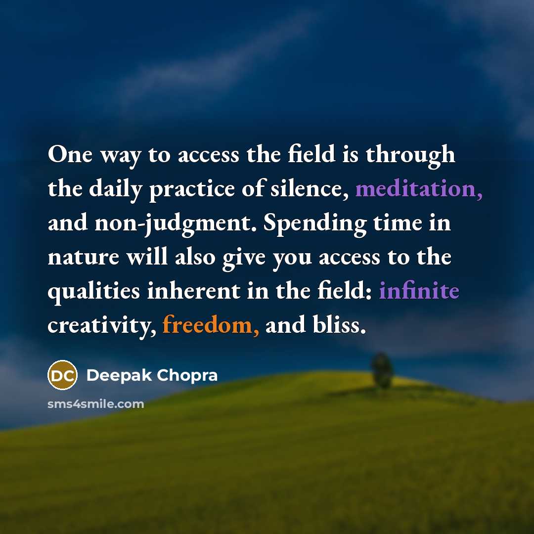 “One way to access the field is through the daily practice of silence, meditation, and non-judgment. Spending time in nature will also give you access to the qualities inherent in the field: infinite creativity, freedom, and bliss.” quote by Deepak Chopra