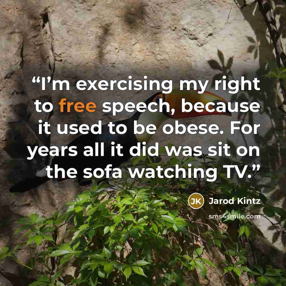 “I’m exercising my right to free speech, because it used to be obese. For years all it did was sit on the sofa watching TV.” quote by Jarod Kintz