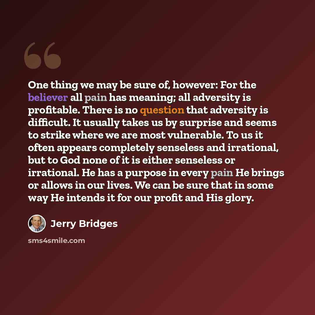 “One thing we may be sure of, however: For the believer all pain has meaning; all adversity is profitable. There is no question that adversity is difficult. It usually takes us by surprise and seems to strike where we are most vulnerable. To us it often appears completely senseless and irrational…” quote by Jerry Bridges