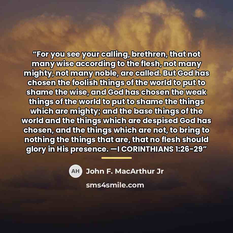 “For you see your calling, brethren, that not many wise according to the flesh, not many mighty, not many noble, are called. But God has chosen the foolish things of the world to put to shame the wise, and God has chosen the weak things of the world to put to shame the things which are mighty; and…” quote by John F. MacArthur Jr