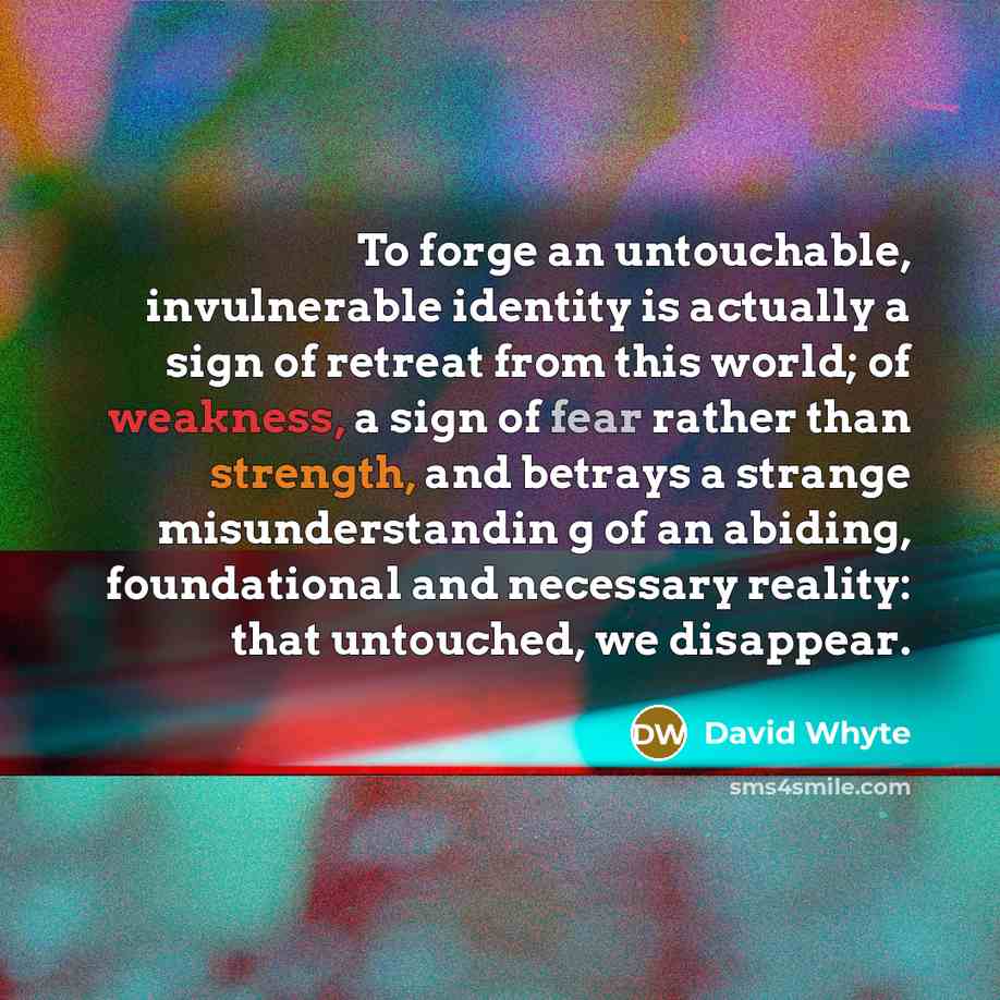 “To forge an untouchable, invulnerable identity is actually a sign of retreat from this world; of weakness, a sign of fear rather than strength, and betrays a strange misunderstandin g of an abiding, foundational and necessary reality: that untouched, we disappear.” quote by David Whyte