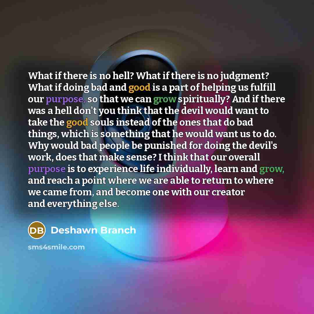 “What if there is no hell? What if there is no judgment? What if doing bad and good is a part of helping us fulfill our purpose, so that we can grow spiritually? And if there was a hell don't you think that the devil would want to take the good souls instead of the ones that do bad things, which is…” quote by Deshawn Branch