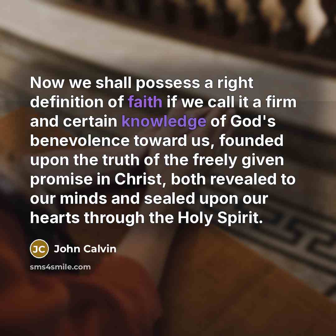 “Now we shall possess a right definition of faith if we call it a firm and certain knowledge of God's benevolence toward us, founded upon the truth of the freely given promise in Christ, both revealed to our minds and sealed upon our hearts through the Holy Spirit.” quote by John Calvin
