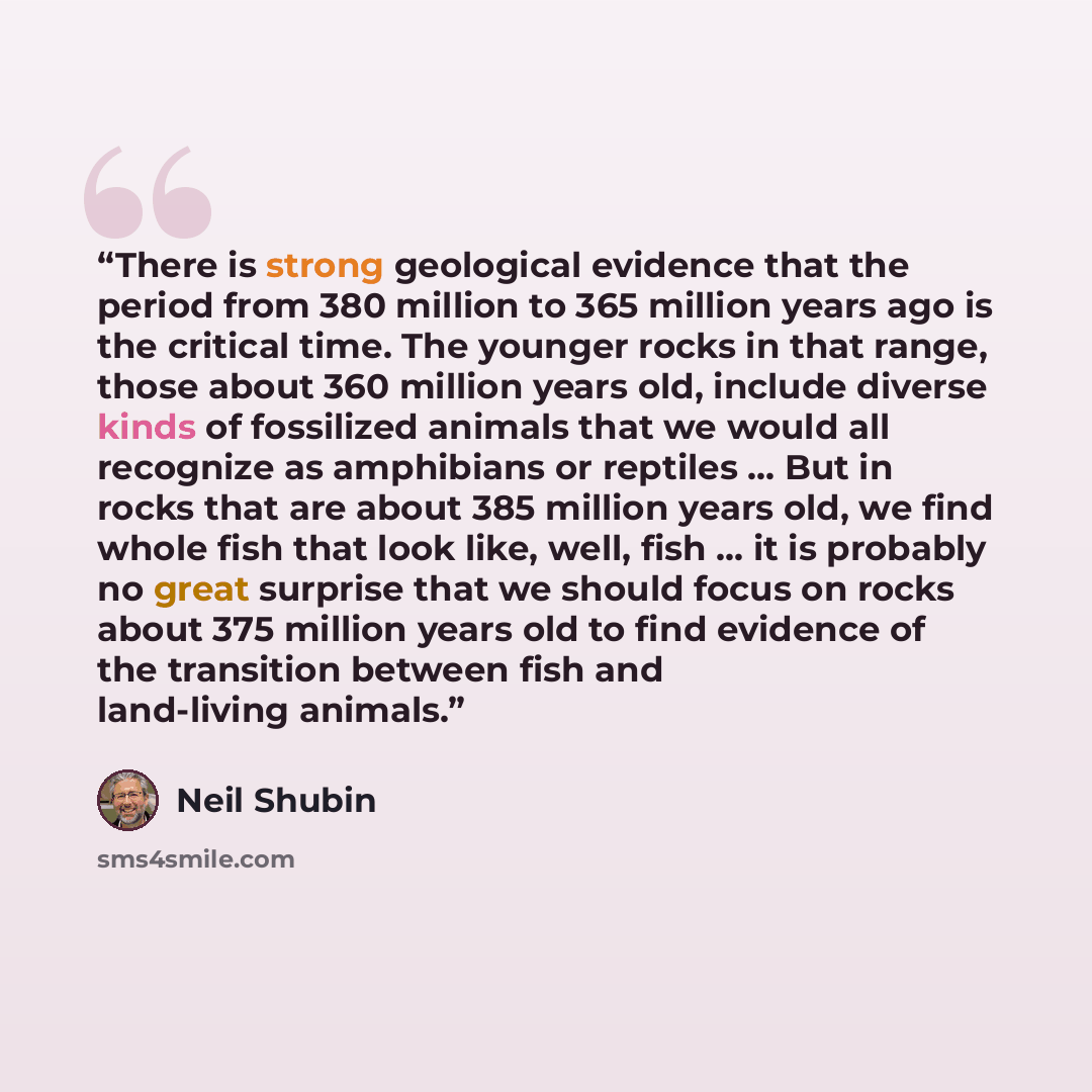 “There is strong geological evidence that the period from 380 million to 365 million years ago is the critical time. The younger rocks in that range, those about 360 million years old, include diverse kinds of fossilized animals that we would all recognize as amphibians or reptiles ... But in rocks…” quote by Neil Shubin