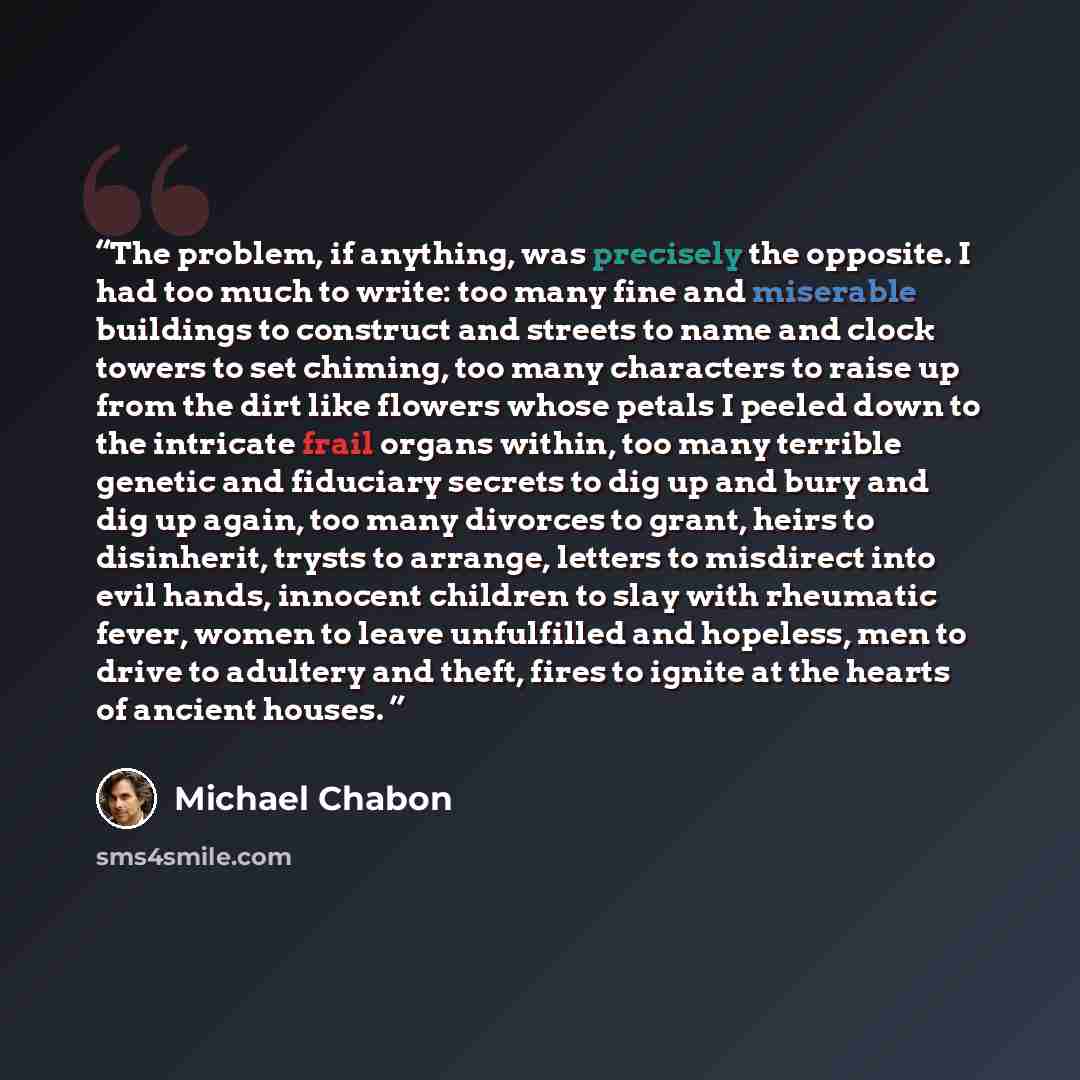 “The problem, if anything, was precisely the opposite. I had too much to write: too many fine and miserable buildings to construct and streets to name and clock towers to set chiming, too many characters to raise up from the dirt like flowers whose petals I peeled down to the intricate frail organs…” quote by Michael Chabon