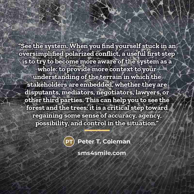 “See the system. When you find yourself stuck in an oversimplified polarized conflict, a useful first step is to try to become more aware of the system as a whole: to provide more context to your understanding of the terrain in which the stakeholders are embedded, whether they are disputants…” quote by Peter T. Coleman