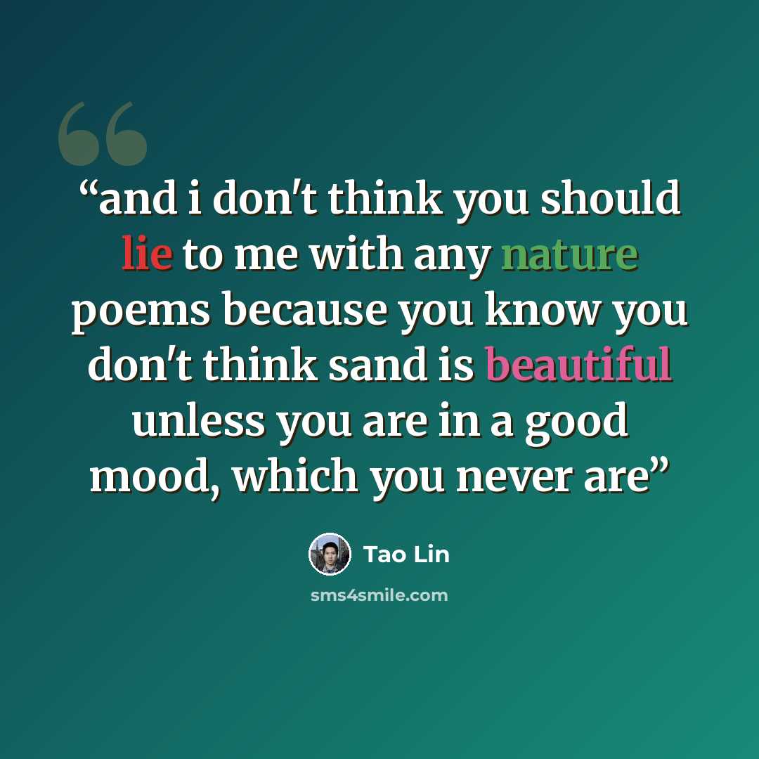 “and i don't think you should lie to me with any nature poems because you know you don't think sand is beautiful unless you are in a good mood, which you never are” quote by Tao Lin