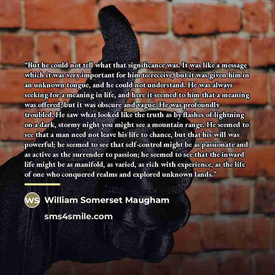 “But he could not tell what that significance was. It was like a message which it was very important for him to receive, but it was given him in an unknown tongue, and he could not understand. He was always seeking for a meaning in life, and here it seemed to him that a meaning was offered; but it…” quote by William Somerset Maugham