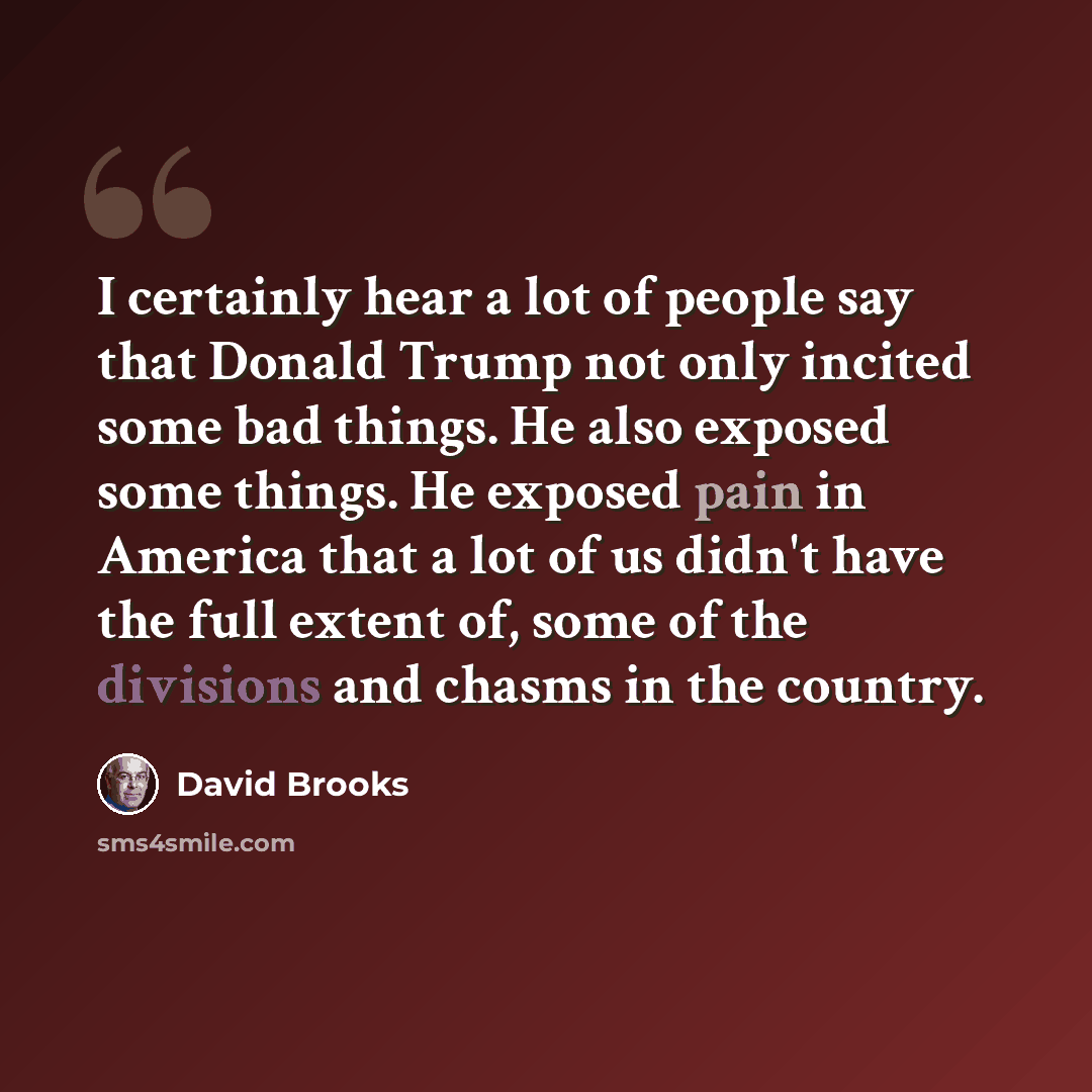 “I certainly hear a lot of people say that Donald Trump not only incited some bad things. He also exposed some things. He exposed pain in America that a lot of us didn't have the full extent of, some of the divisions and chasms in the country.” quote by David Brooks