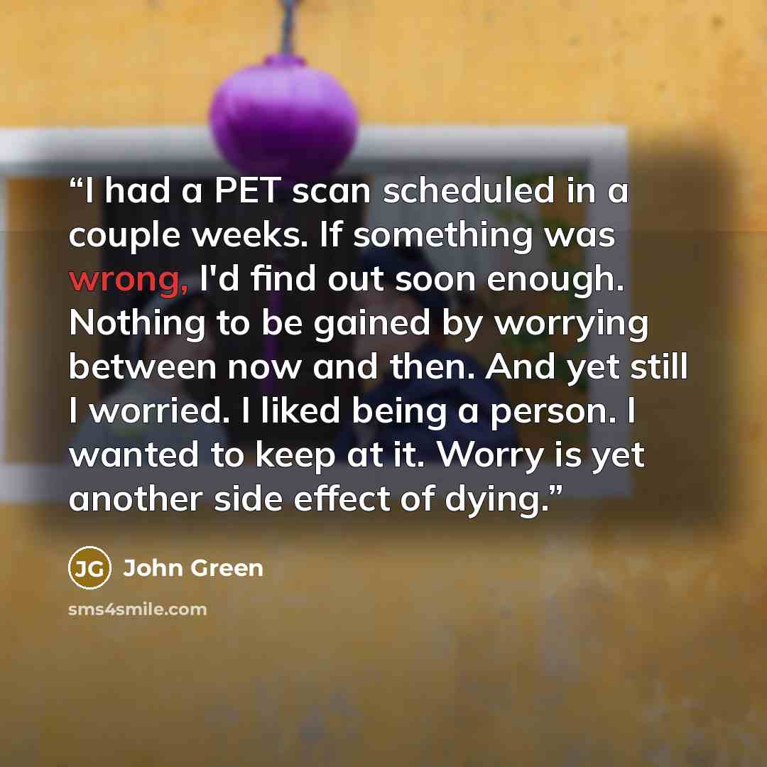 “I had a PET scan scheduled in a couple weeks. If something was wrong, I'd find out soon enough. Nothing to be gained by worrying between now and then. And yet still I worried. I liked being a person. I wanted to keep at it. Worry is yet another side effect of dying.” quote by John Green
