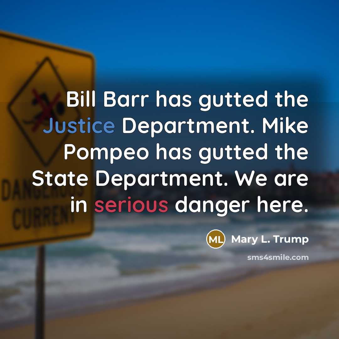 “Bill Barr has gutted the Justice Department. Mike Pompeo has gutted the State Department. We are in serious danger here.” quote by Mary L. Trump