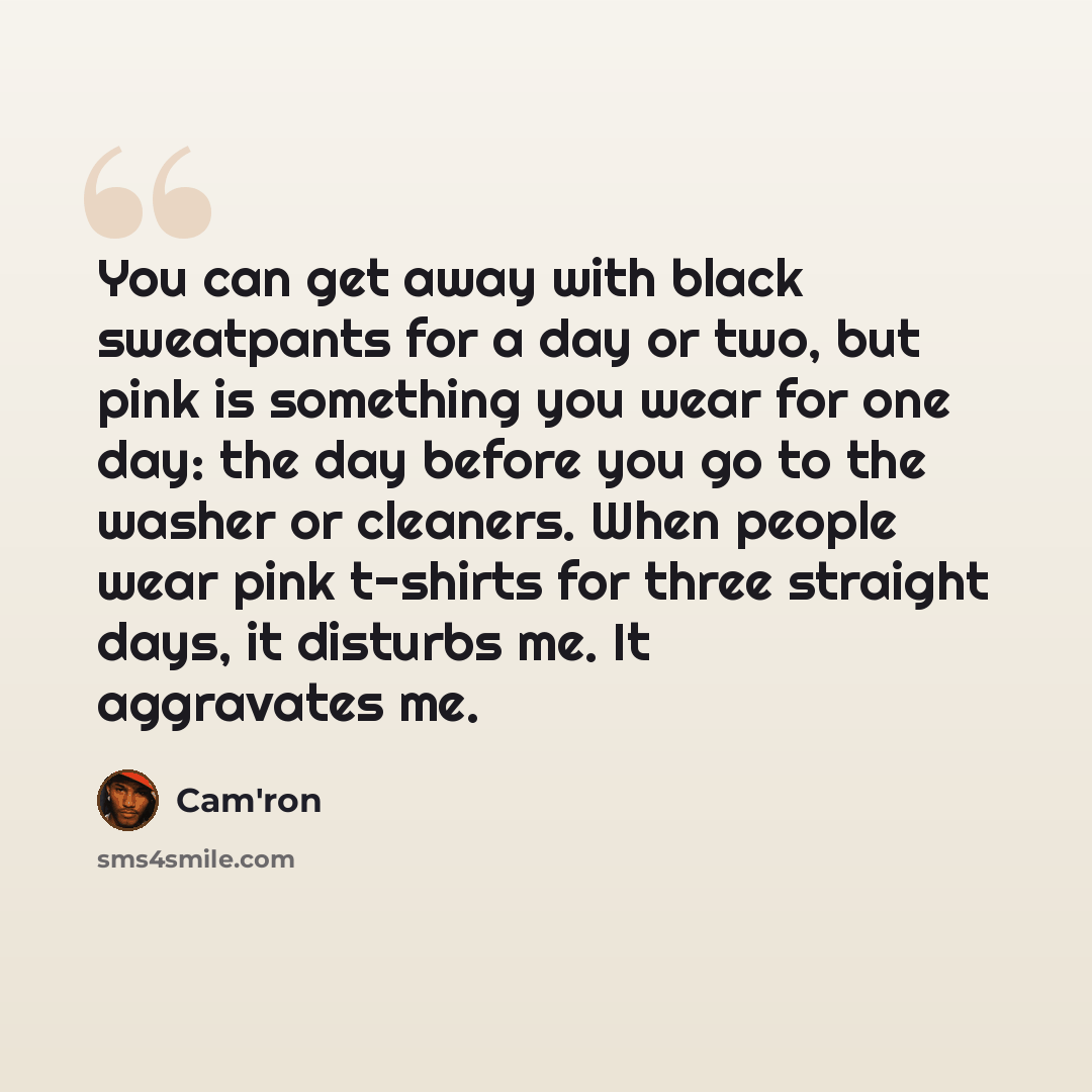 “You can get away with black sweatpants for a day or two, but pink is something you wear for one day: the day before you go to the washer or cleaners. When people wear pink t-shirts for three straight days, it disturbs me. It aggravates me.” quote by Cam'ron