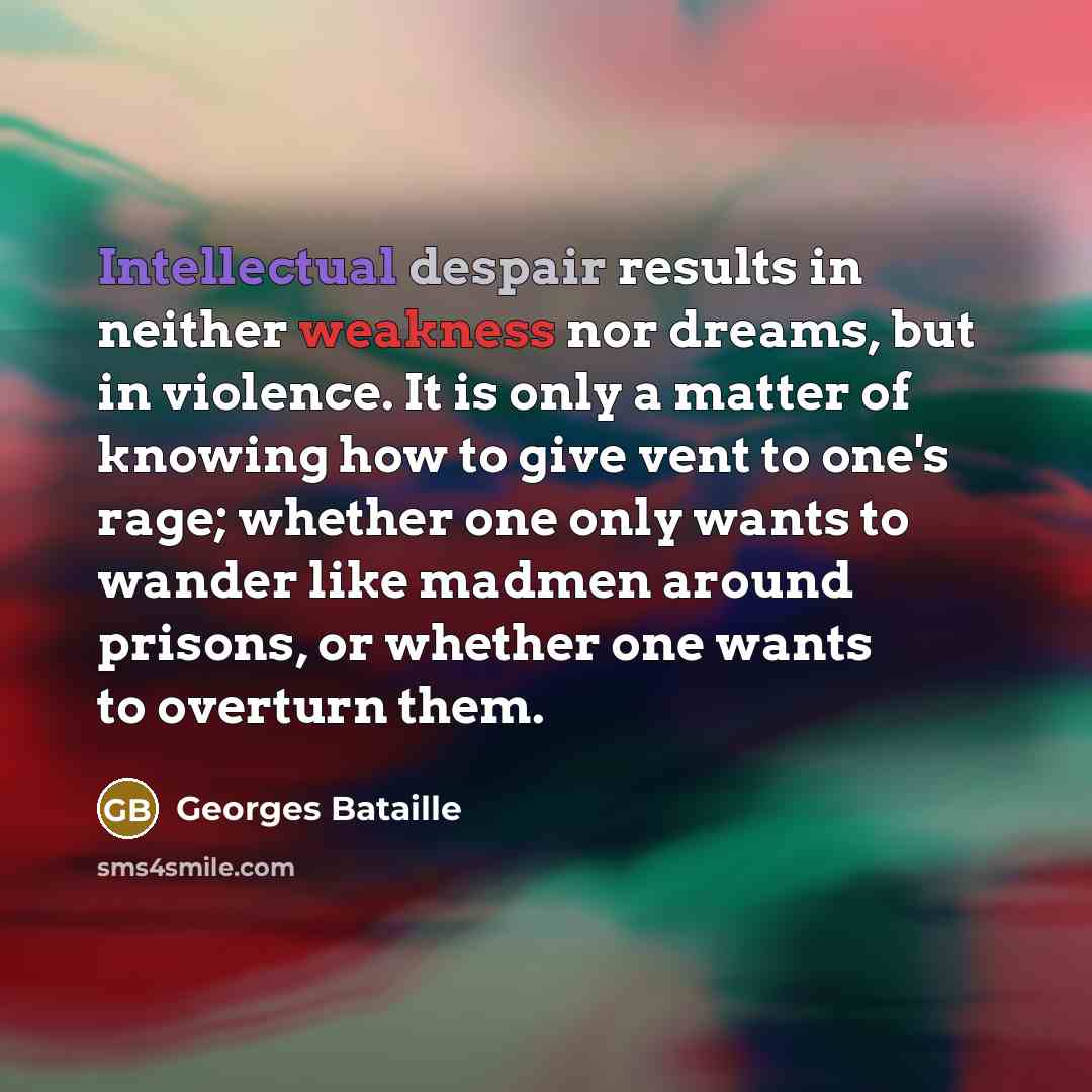 “Intellectual despair results in neither weakness nor dreams, but in violence. It is only a matter of knowing how to give vent to one's rage; whether one only wants to wander like madmen around prisons, or whether one wants to overturn them.” quote by Georges Bataille