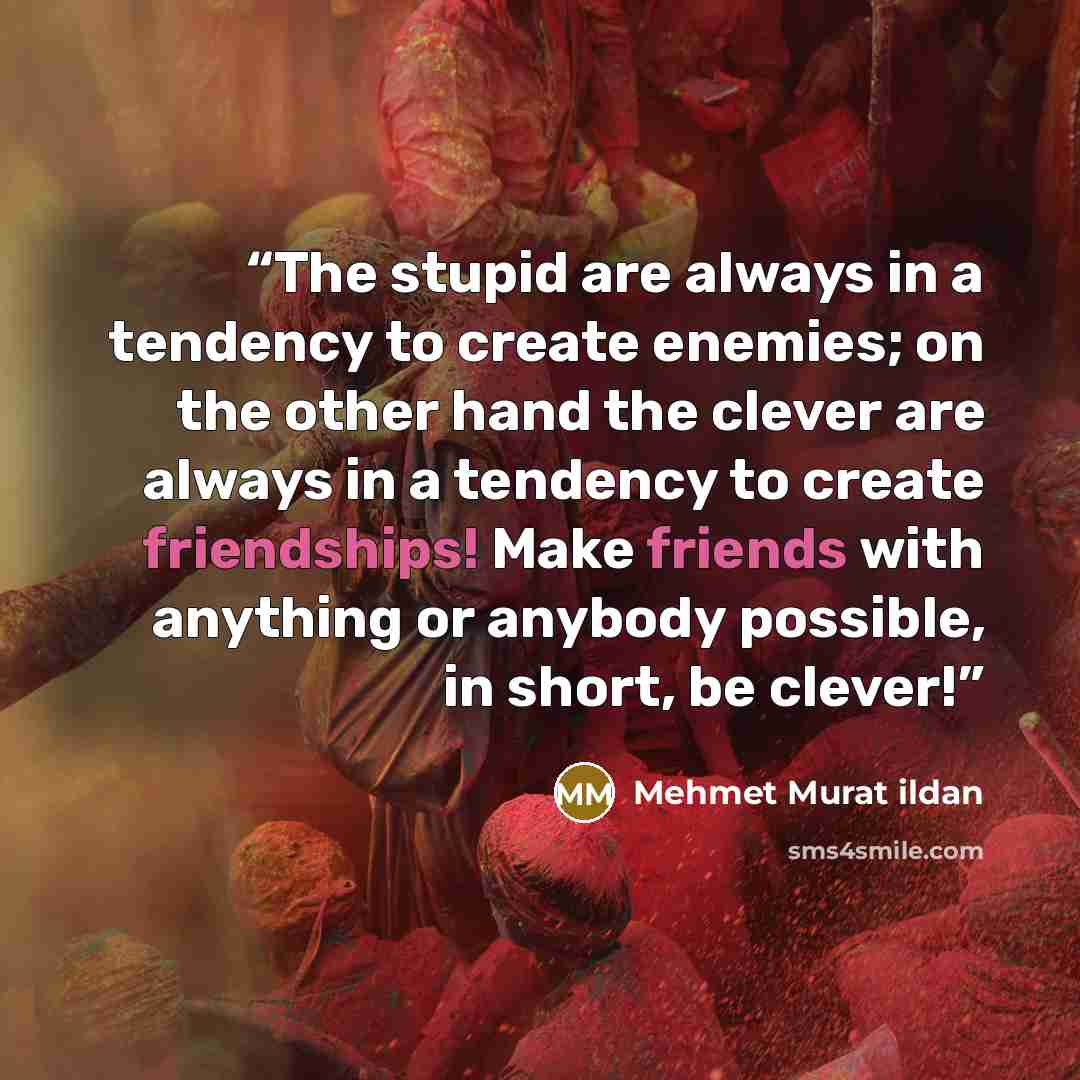 “The stupid are always in a tendency to create enemies; on the other hand the clever are always in a tendency to create friendships! Make friends with anything or anybody possible, in short, be clever!” quote by Mehmet Murat ildan