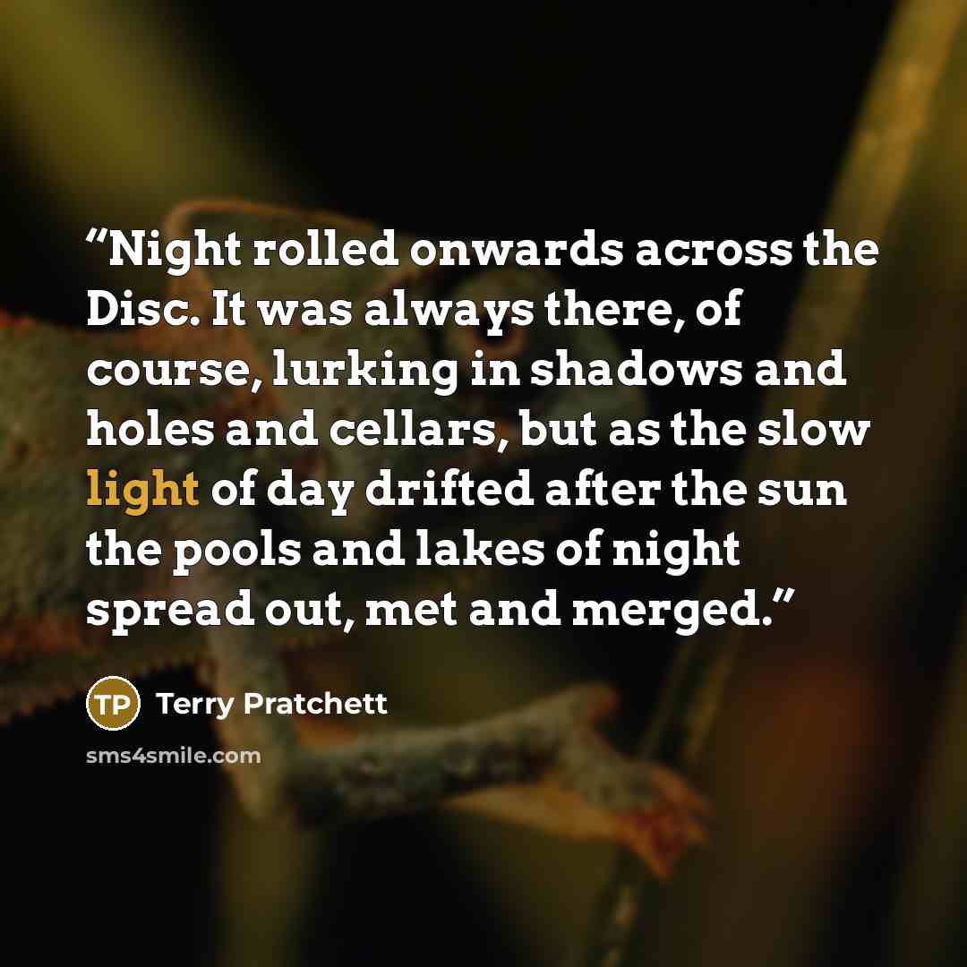 “Night rolled onwards across the Disc. It was always there, of course, lurking in shadows and holes and cellars, but as the slow light of day drifted after the sun the pools and lakes of night spread out, met and merged.” quote by Terry Pratchett