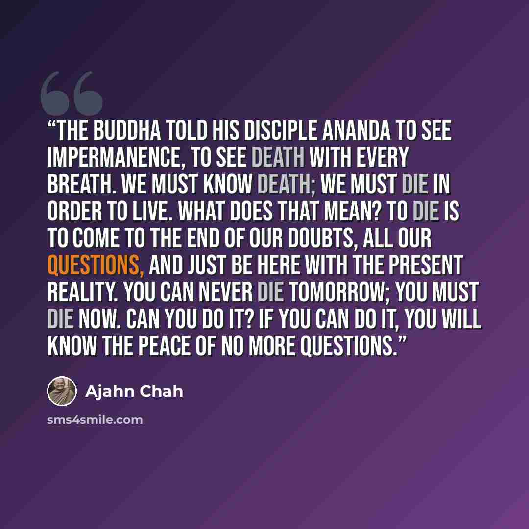 “The Buddha told his disciple Ananda to see impermanence, to see death with every breath. We must know death; we must die in order to live. What does that mean? To die is to come to the end of our doubts, all our questions, and just be here with the present reality. You can never die tomorrow; you…” quote by Ajahn Chah