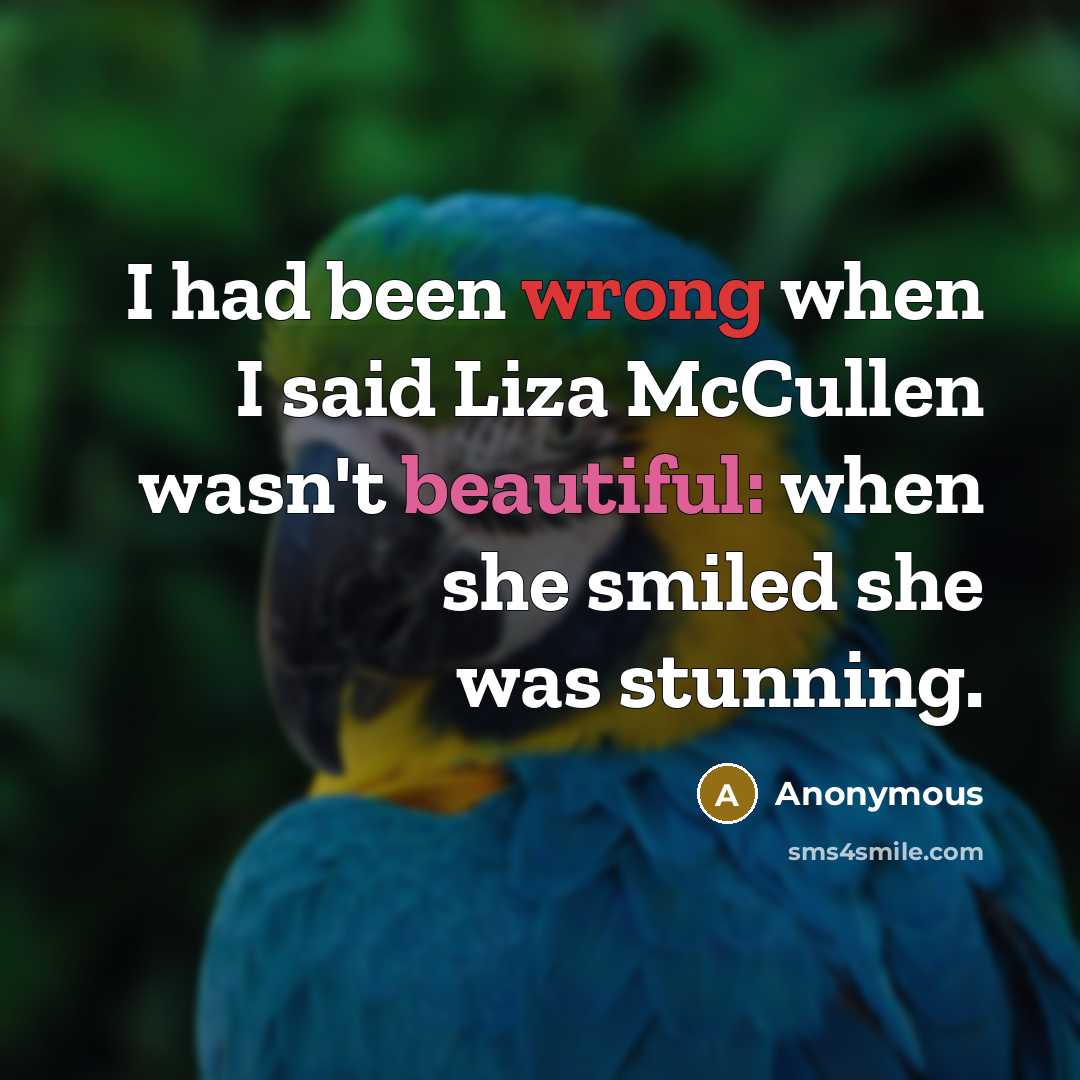 “I had been wrong when I said Liza McCullen wasn't beautiful: when she smiled she was stunning.” quote by Anonymous