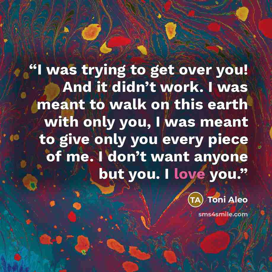 “I was trying to get over you! And it didn’t work. I was meant to walk on this earth with only you, I was meant to give only you every piece of me. I don’t want anyone but you. I love you.” quote by Toni Aleo