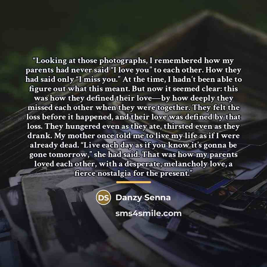 “Looking at those photographs, I remembered how my parents had never said “I love you” to each other. How they had said only “I miss you.” At the time, I hadn’t been able to figure out what this meant. But now it seemed clear: this was how they defined their love—by how deeply they missed each…” quote by Danzy Senna