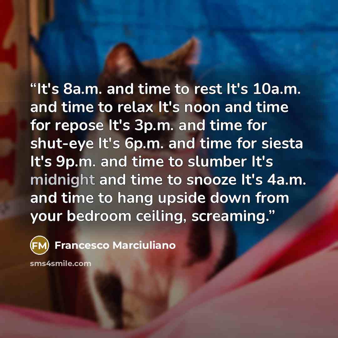“It's 8a.m. and time to rest It's 10a.m. and time to relax It's noon and time for repose It's 3p.m. and time for shut-eye It's 6p.m. and time for siesta It's 9p.m. and time to slumber It's midnight and time to snooze It's 4a.m. and time to hang upside down from your bedroom ceiling, screaming.” quote by Francesco Marciuliano