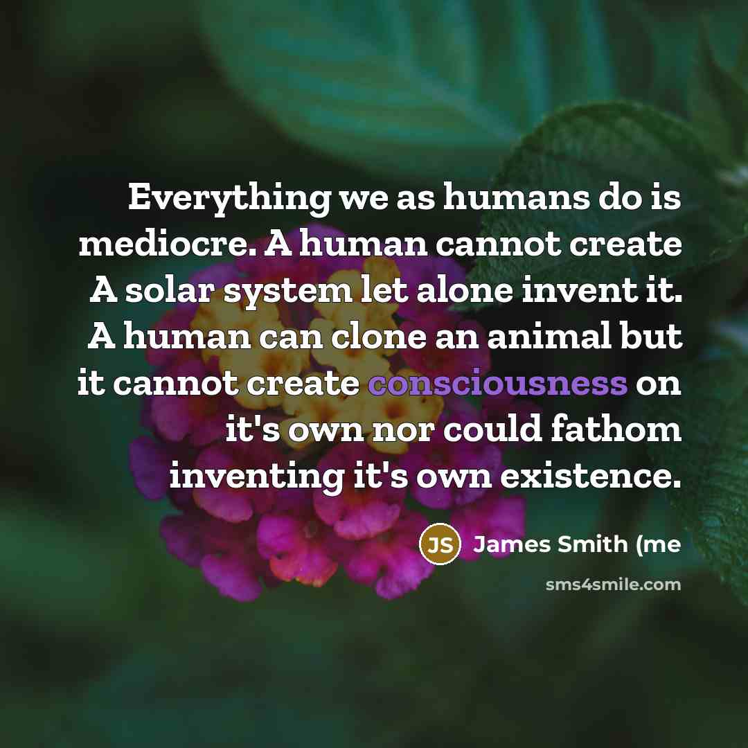 “Everything we as humans do is mediocre. A human cannot create A solar system let alone invent it. A human can clone an animal but it cannot create consciousness on it's own nor could fathom inventing it's own existence.” quote by James Smith (me