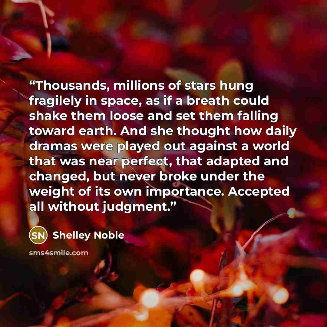 “Thousands, millions of stars hung fragilely in space, as if a breath could shake them loose and set them falling toward earth. And she thought how daily dramas were played out against a world that was near perfect, that adapted and changed, but never broke under the weight of its own importance…” quote by Shelley Noble