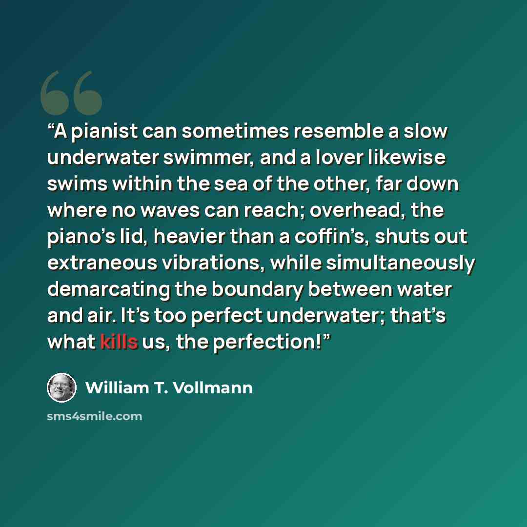 “A pianist can sometimes resemble a slow underwater swimmer, and a lover likewise swims within the sea of the other, far down where no waves can reach; overhead, the piano’s lid, heavier than a coffin’s, shuts out extraneous vibrations, while simultaneously demarcating the boundary between water…” quote by William T. Vollmann