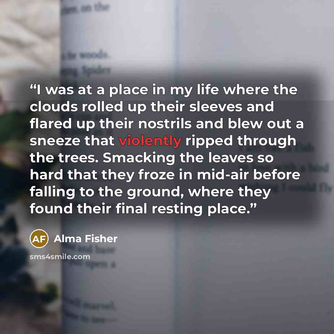 “I was at a place in my life where the clouds rolled up their sleeves and flared up their nostrils and blew out a sneeze that violently ripped through the trees. Smacking the leaves so hard that they froze in mid-air before falling to the ground, where they found their final resting place.” quote by Alma Fisher