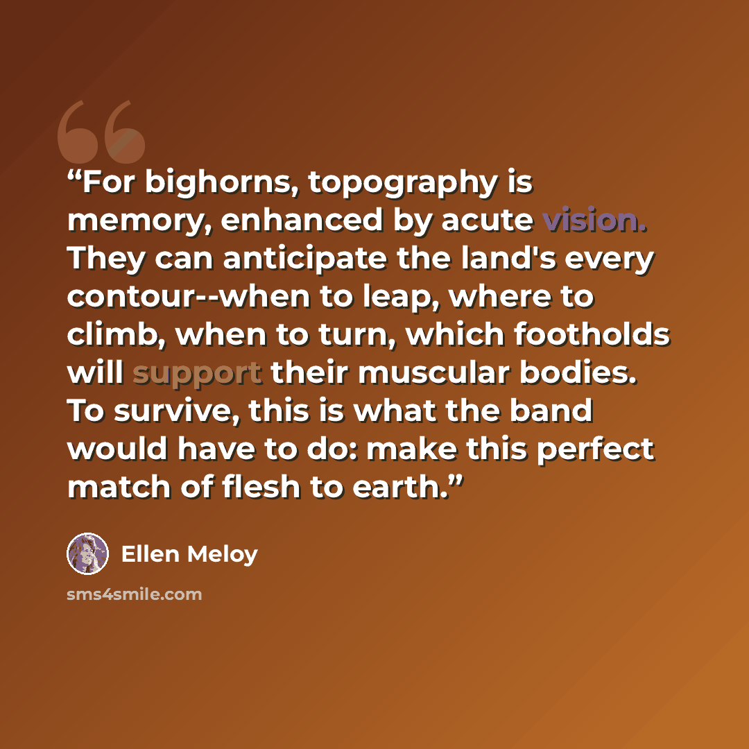 “For bighorns, topography is memory, enhanced by acute vision. They can anticipate the land's every contour--when to leap, where to climb, when to turn, which footholds will support their muscular bodies. To survive, this is what the band would have to do: make this perfect match of flesh to earth.” quote by Ellen Meloy
