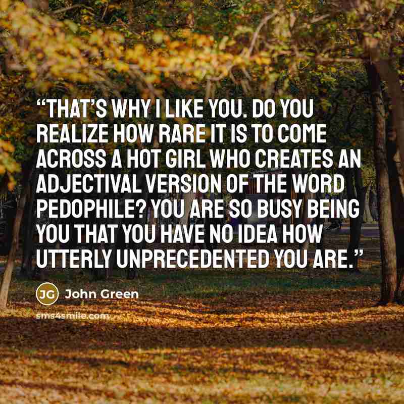 “That’s why I like you. Do you realize how rare it is to come across a hot girl who creates an adjectival version of the word pedophile? You are so busy being you that you have no idea how utterly unprecedented you are.” quote by John Green