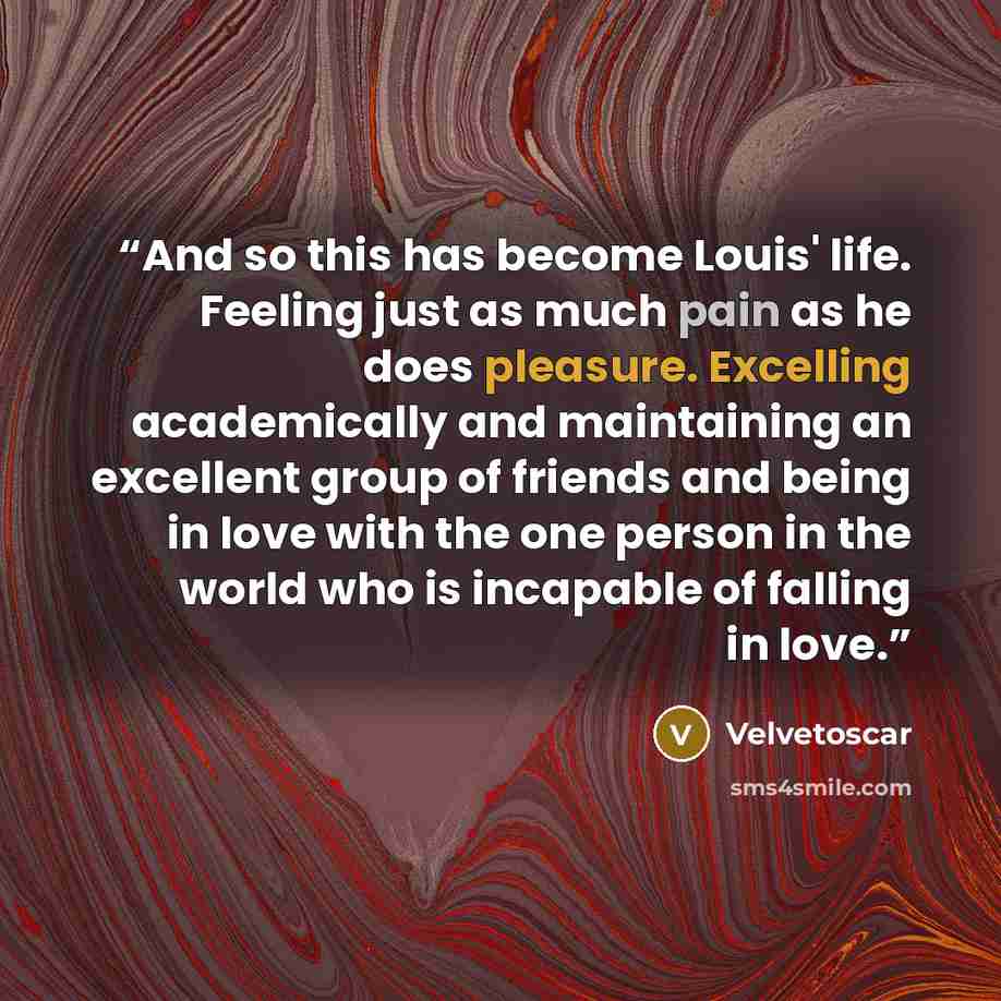 “And so this has become Louis' life. Feeling just as much pain as he does pleasure. Excelling academically and maintaining an excellent group of friends and being in love with the one person in the world who is incapable of falling in love.” quote by Velvetoscar
