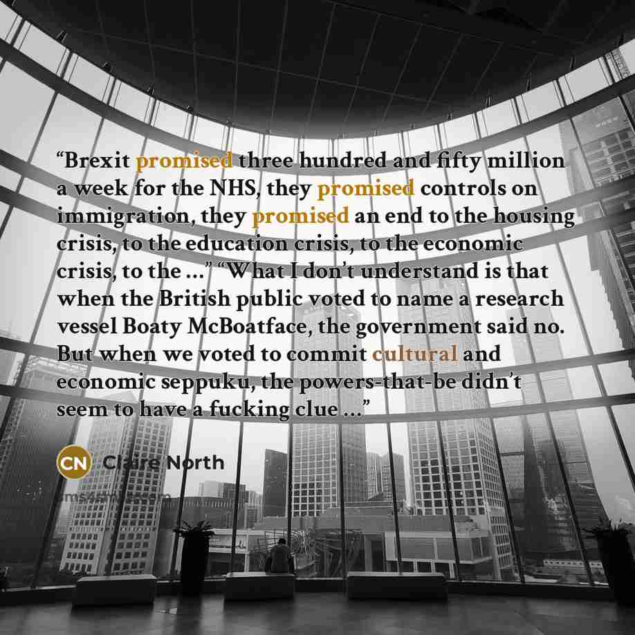 “Brexit promised three hundred and fifty million a week for the NHS, they promised controls on immigration, they promised an end to the housing crisis, to the education crisis, to the economic crisis, to the …” “What I don’t understand is that when the British public voted to name a research vessel…” quote by Claire North
