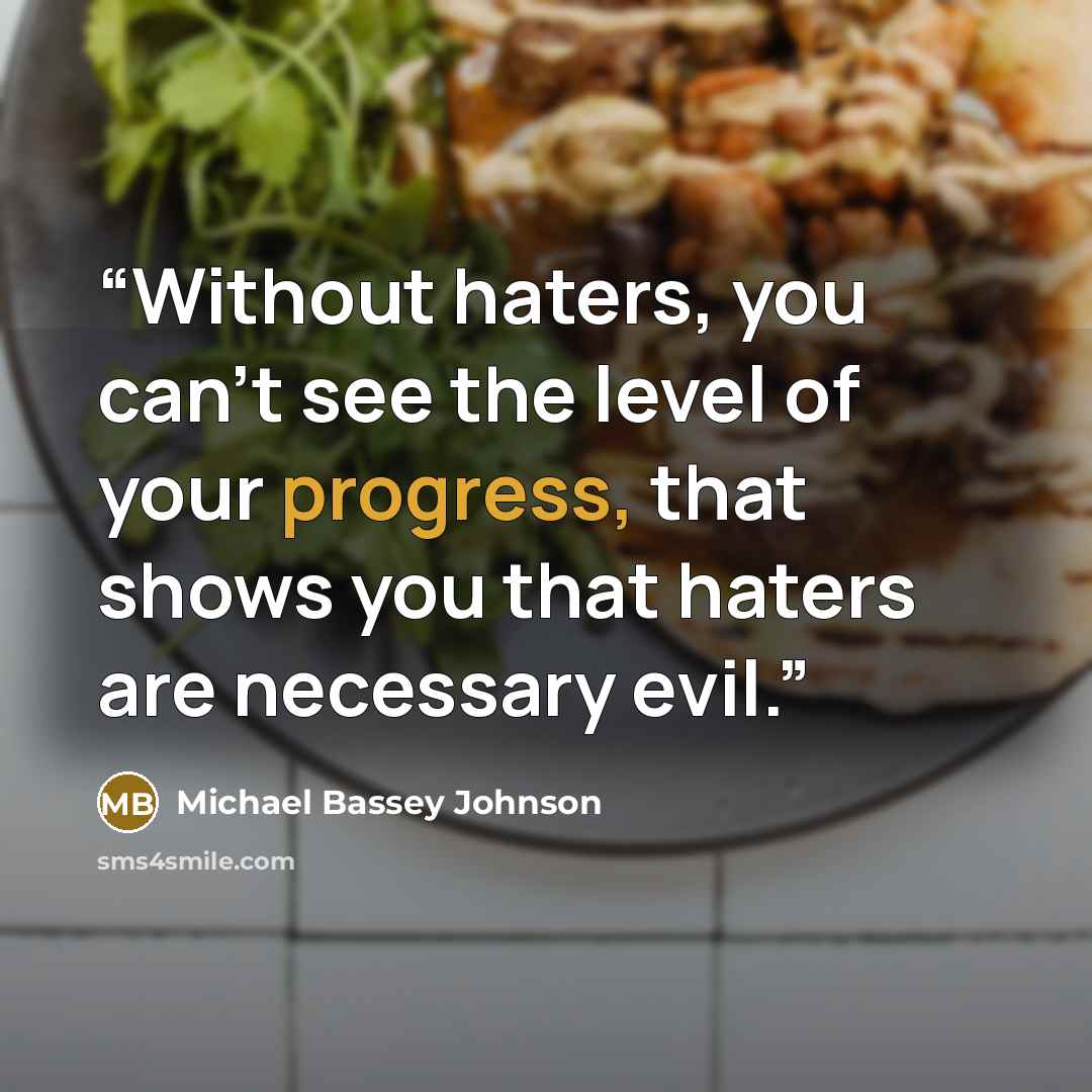 “Without haters, you can't see the level of your progress, that shows you that haters are necessary evil.” quote by Michael Bassey Johnson