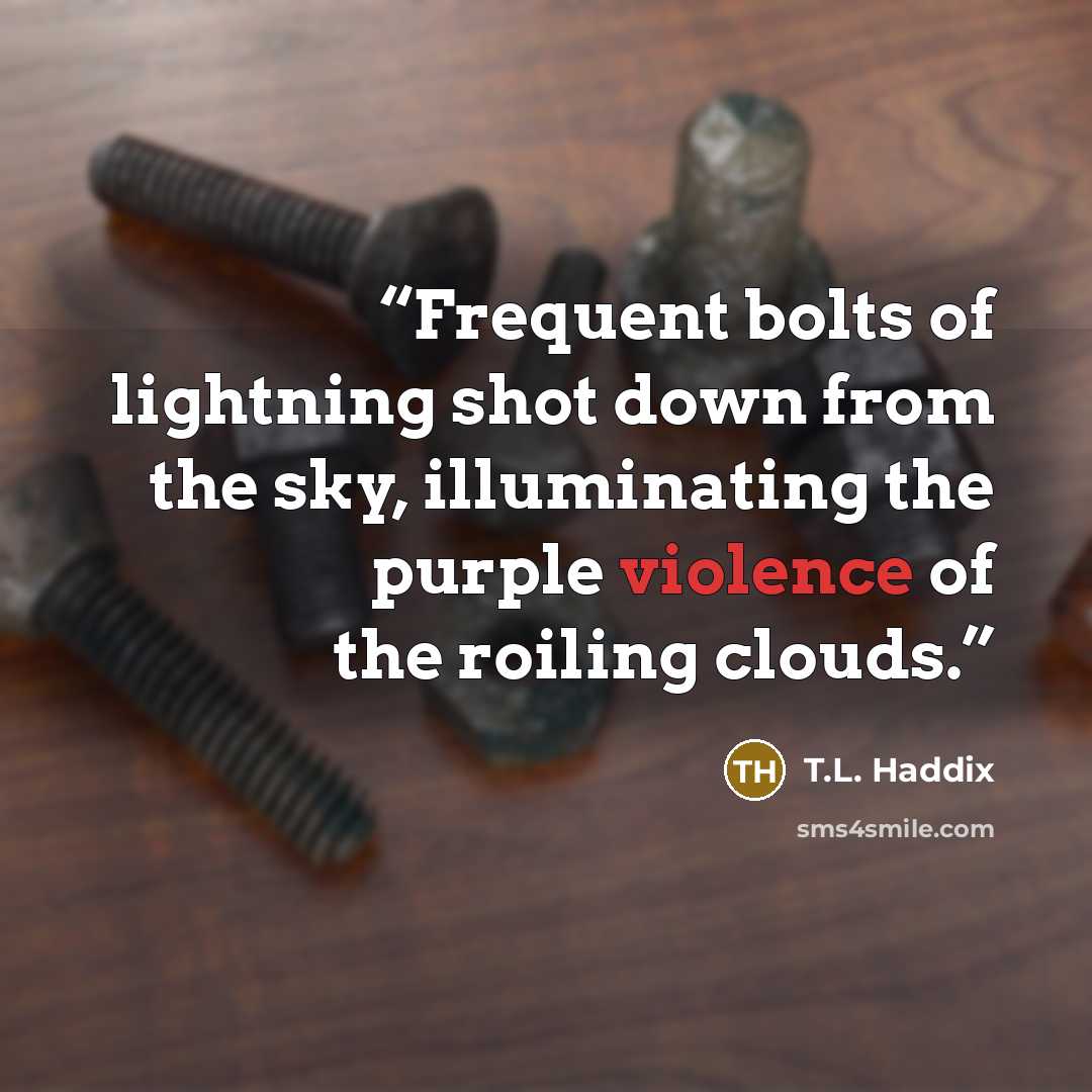 “Frequent bolts of lightning shot down from the sky, illuminating the purple violence of the roiling clouds.” quote by T.L. Haddix