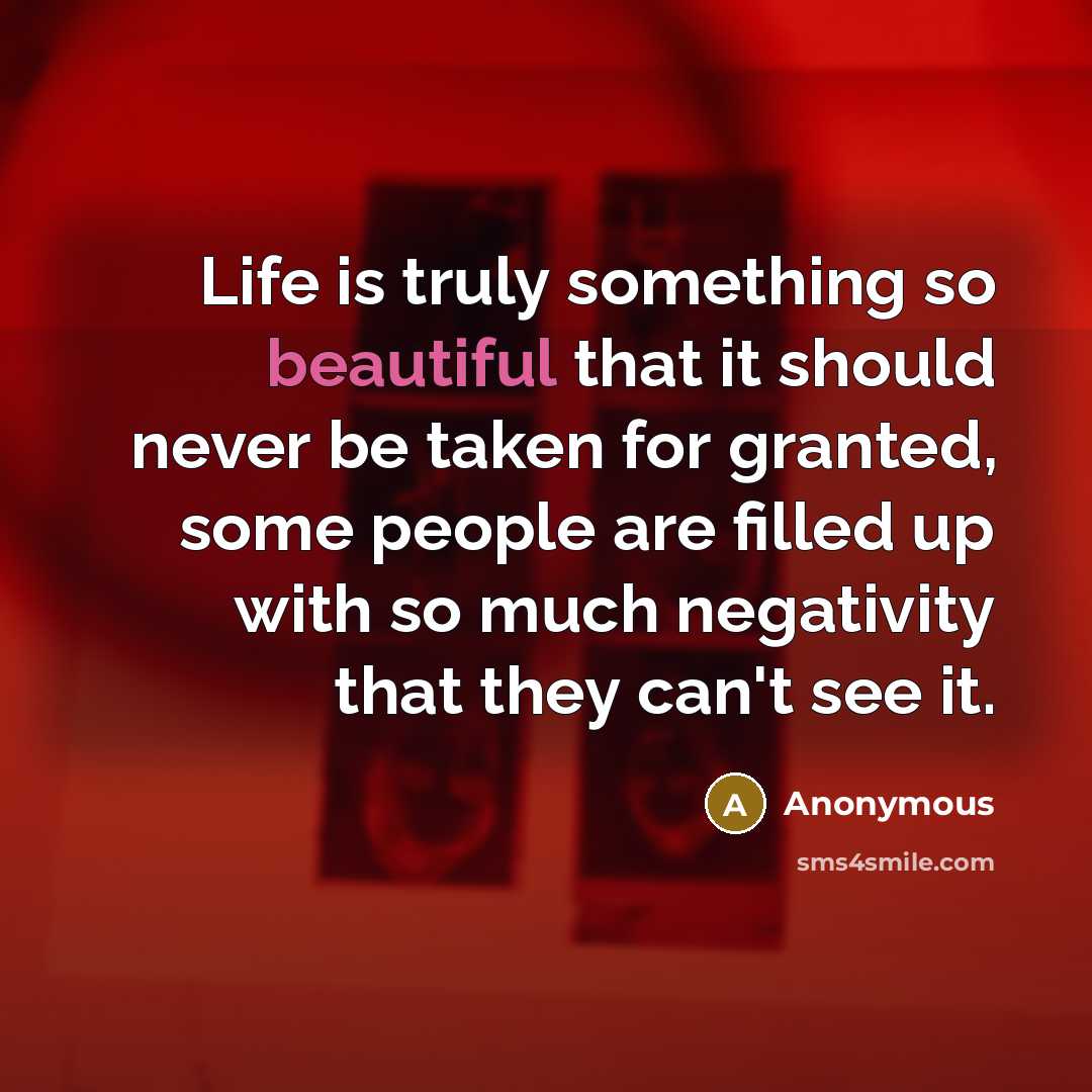 “Life is truly something so beautiful that it should never be taken for granted, some people are filled up with so much negativity that they can't see it.” quote by Anonymous
