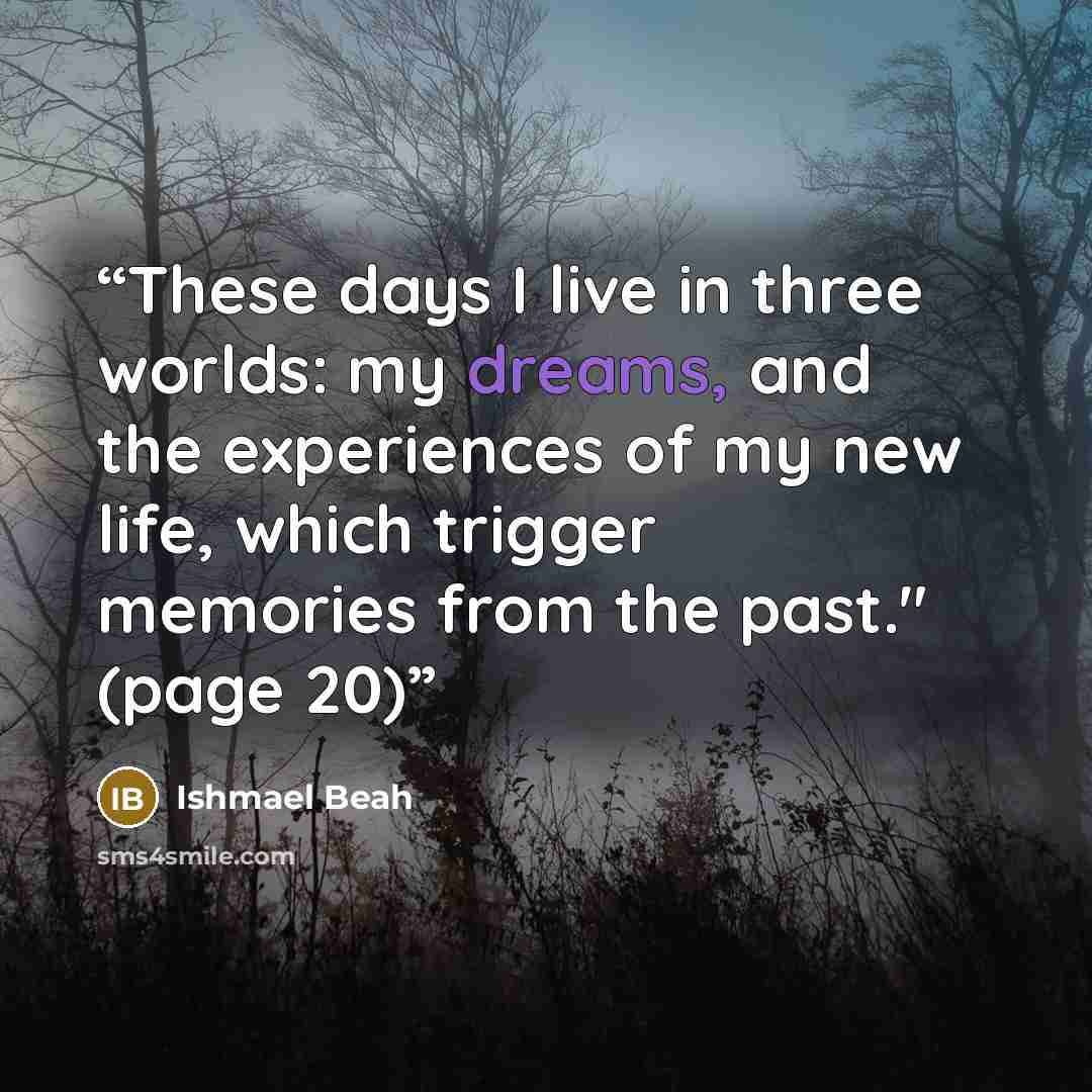 “These days I live in three worlds: my dreams, and the experiences of my new life, which trigger memories from the past." (page 20)” quote by Ishmael Beah