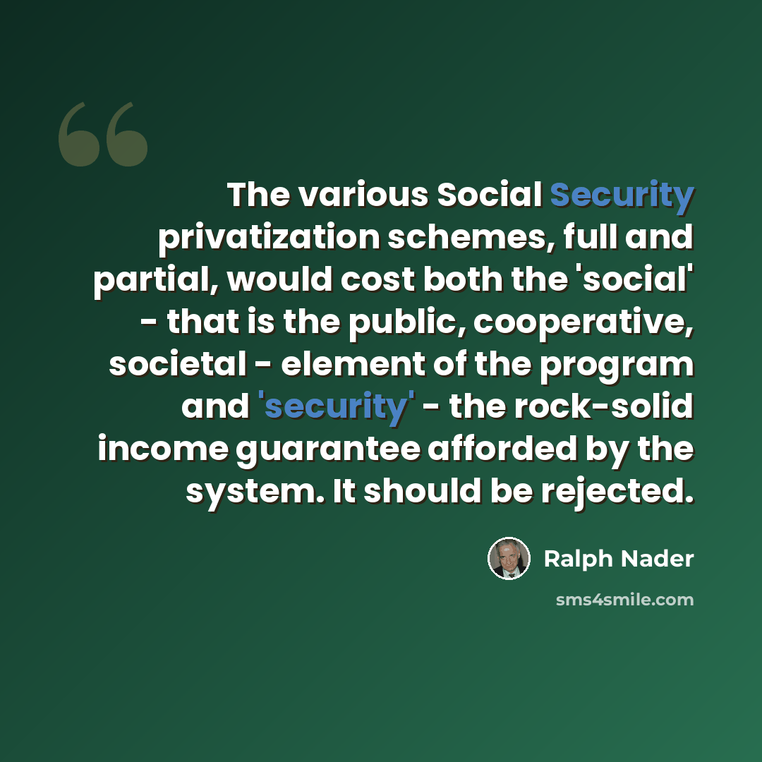 “The various Social Security privatization schemes, full and partial, would cost both the 'social' - that is the public, cooperative, societal - element of the program and 'security' - the rock-solid income guarantee afforded by the system. It should be rejected.” quote by Ralph Nader