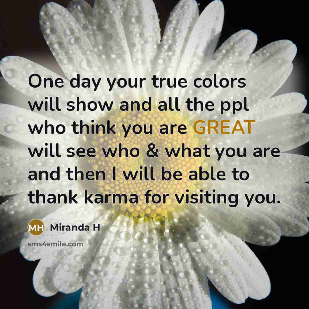 “One day your true colors will show and all the ppl who think you are GREAT will see who & what you are and then I will be able to thank karma for visiting you.” quote by Miranda H