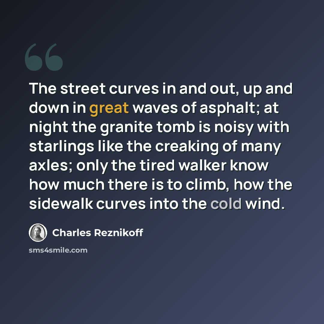 “The street curves in and out, up and down in great waves of asphalt; at night the granite tomb is noisy with starlings like the creaking of many axles; only the tired walker know how much there is to climb, how the sidewalk curves into the cold wind.” quote by Charles Reznikoff