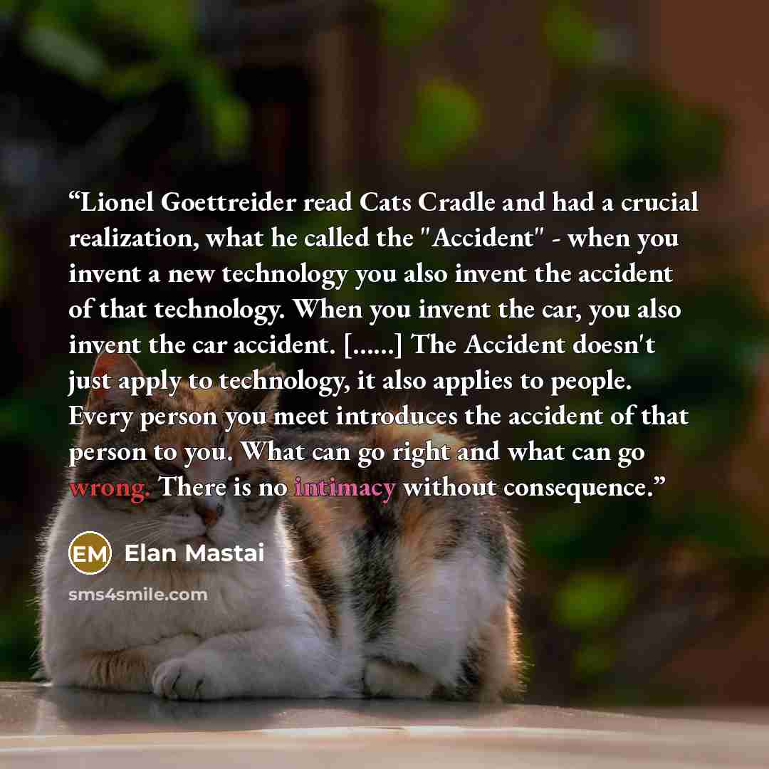 “Lionel Goettreider read Cats Cradle and had a crucial realization, what he called the "Accident" - when you invent a new technology you also invent the accident of that technology. When you invent the car, you also invent the car accident. [……] The Accident doesn't just apply to technology, it…” quote by Elan Mastai