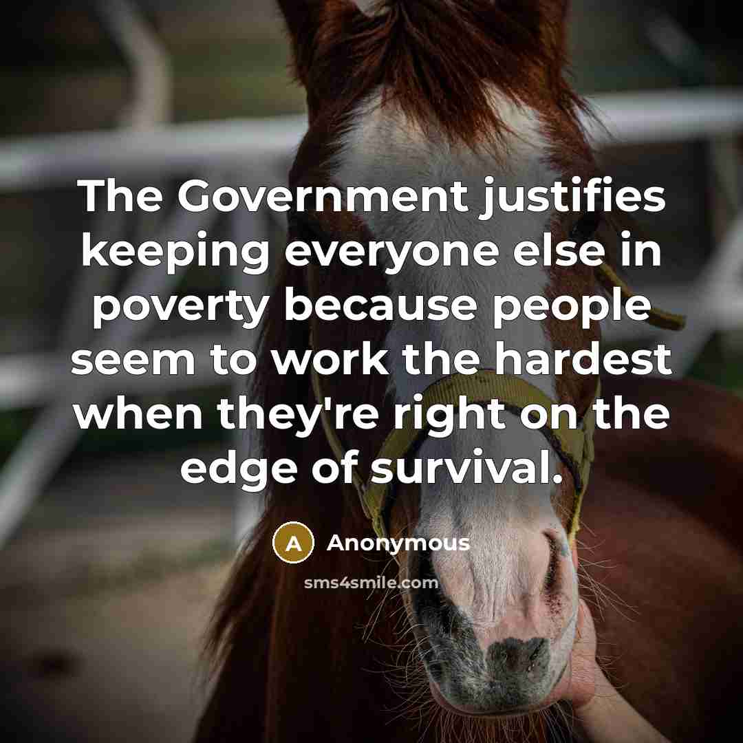 “The Government justifies keeping everyone else in poverty because people seem to work the hardest when they're right on the edge of survival.” quote by Anonymous