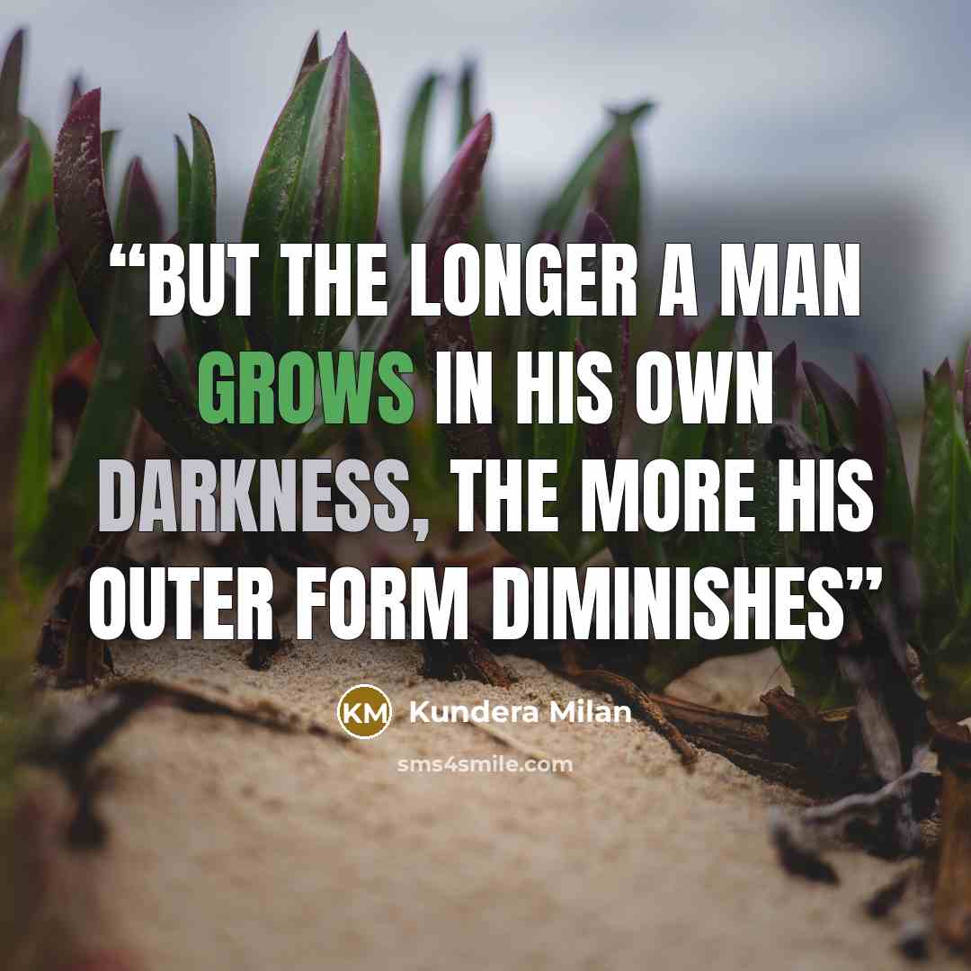 “But the longer a man grows in his own darkness, the more his outer form diminishes” quote by Kundera Milan