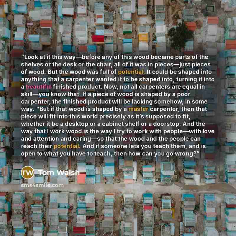 “Look at it this way—before any of this wood became parts of the shelves or the desk or the chair, all of it was in pieces—just pieces of wood. But the wood was full of potential. It could be shaped into anything that a carpenter wanted it to be shaped into, turning it into a beautiful finished…” quote by Tom Walsh